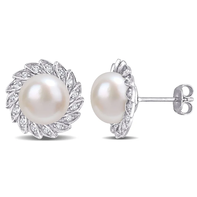 Miadora 9.5-10mm Cultured Freshwater Pearl and 1/3ct TGW Created White Sapphire Halo Stud Earrings in Sterling Silver