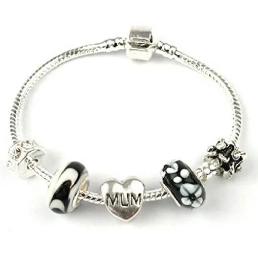 Mum 'Black Beauty' Silver Plated Charm Bead Bracelet