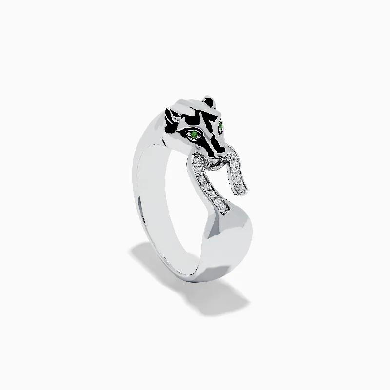 925 Sterling Silver Tsavorite and Diamond Panther Ring