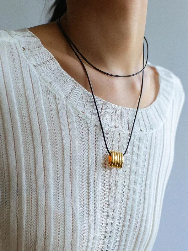 Long Black Leather Necklace with Striped Geometric Pendant