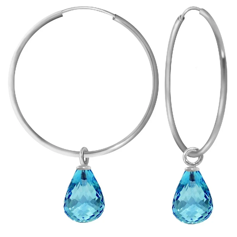 14K Solid Gold Hoop Natural Blue Pear-Shaped Topaz Earrings Gemstone