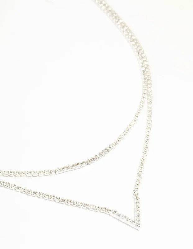 Silver Plated Cubic Zirconia Layered V Necklace