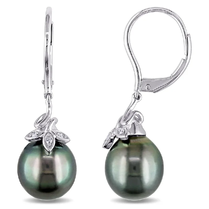 Miadora 10k White Gold Tahitian Black Pearl and Diamond Accent Dangle Earrings (9-10 mm)