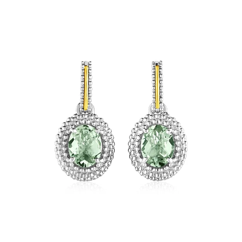 Oval Green Amethyst Earrings in 18k Yellow Gold & Sterling Silver