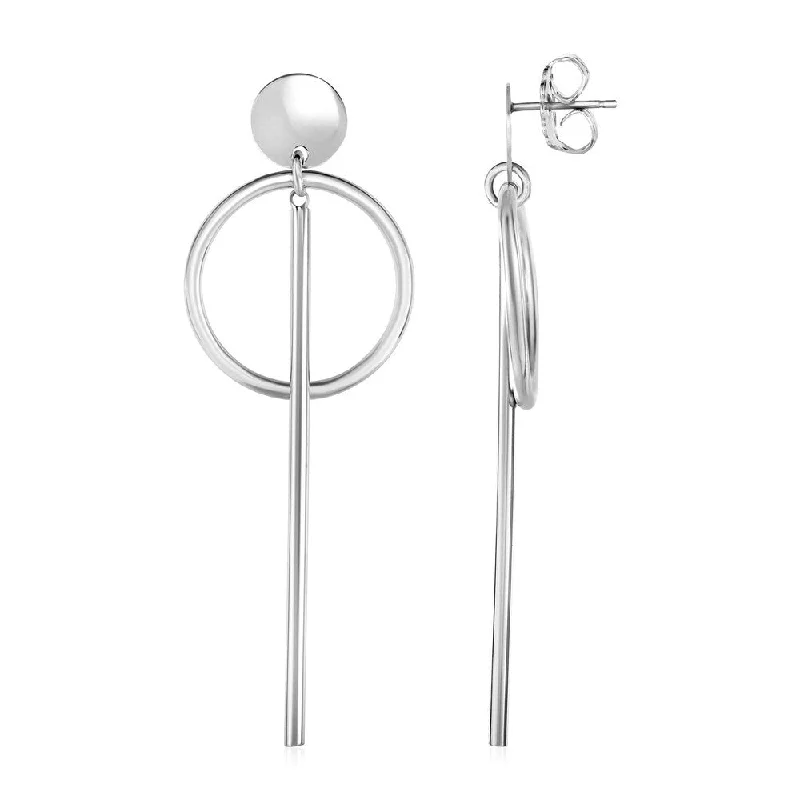 Earrings with Polished Ring and Vertical Bar Drops in Sterling Silver