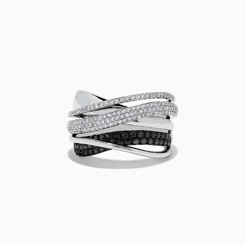 Caviar 14K White Gold White and Black Diamond Crossover Ring