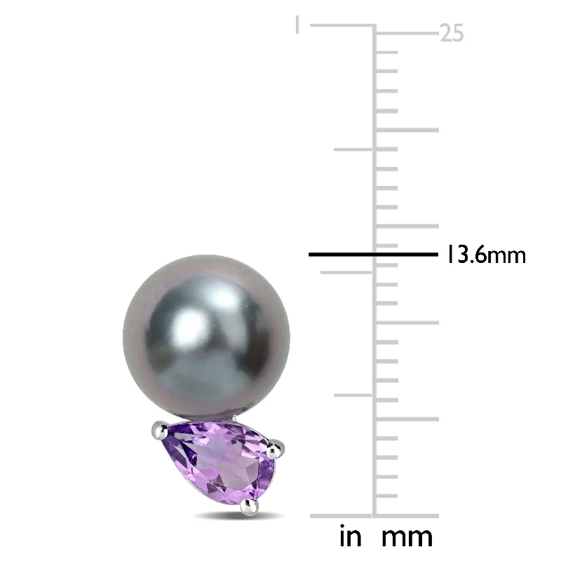 Miadora 8-9mm Black Tahitian Cultured Pearl and 3/4 CT TGW African Amethyst Stud Earrings in Sterling Silver