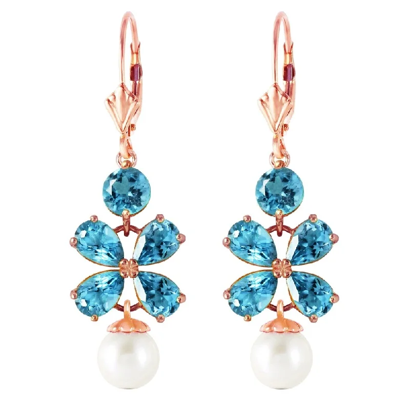 6.28 Carat 14K Solid Rose Gold Chandelier Earrings Blue Topaz pearl