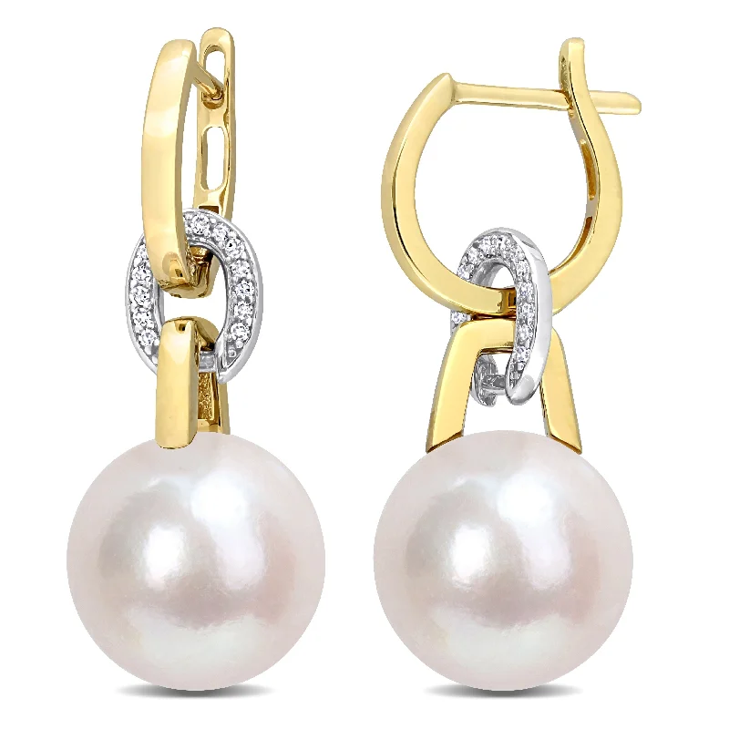 Miadora Freshwater Cultured Pearl & 1/10ct TDW Diamond Dangle Earrings in 14k White and Yellow Gold