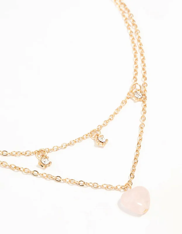 Gold Diamante Pink Heart Layered Necklace