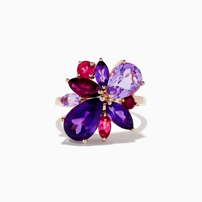 14K Rose Purple and Pink Amethyst, Rhodolite, and Pink Tourmaline Ring