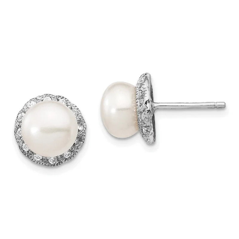 Curata 925 Sterling Silver 11mm CZ Cubic Zirconia Cultured Pearl Vintage Stud Earrings