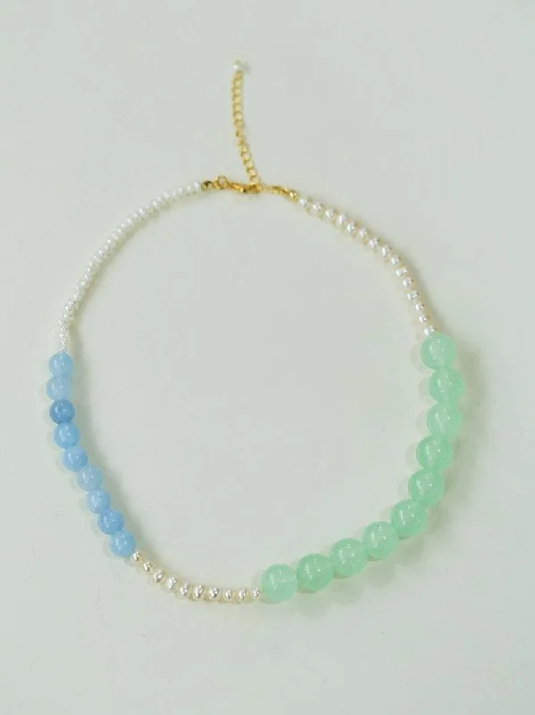 Vibrant Multicolored Gemstone and Pearl Beaded Necklace-Blue Green Necklace