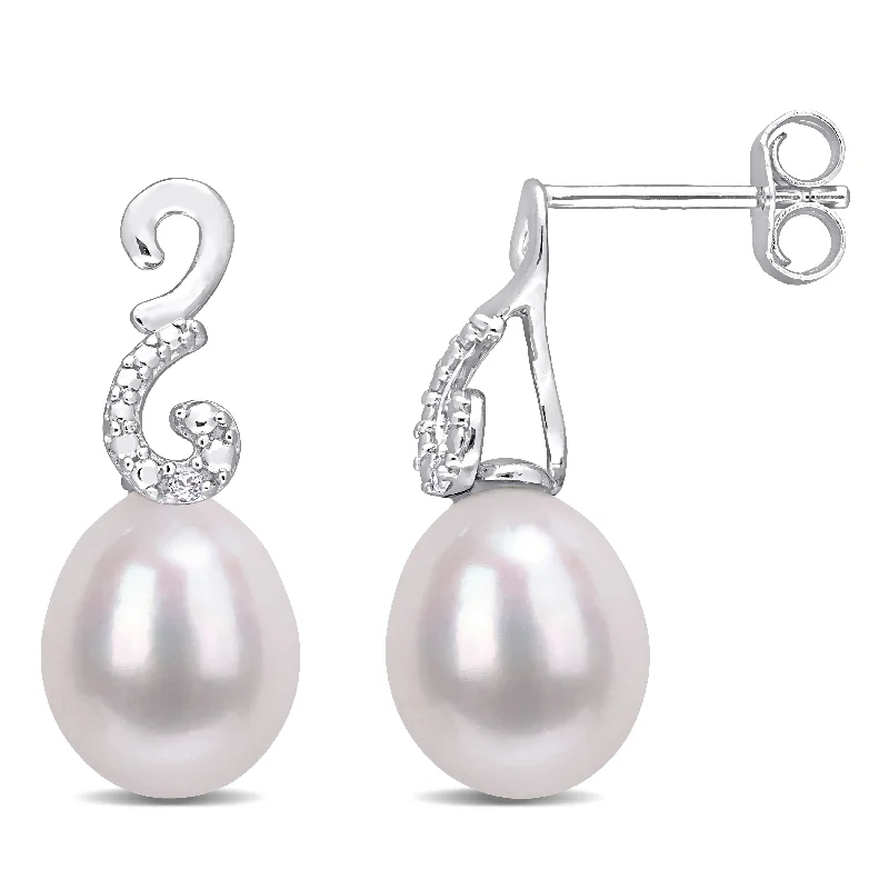 Miadora 8-8.5mm Cultured Freshwater Pearl and Diamond Accent Peacock Drop Earrings in Sterling Silver