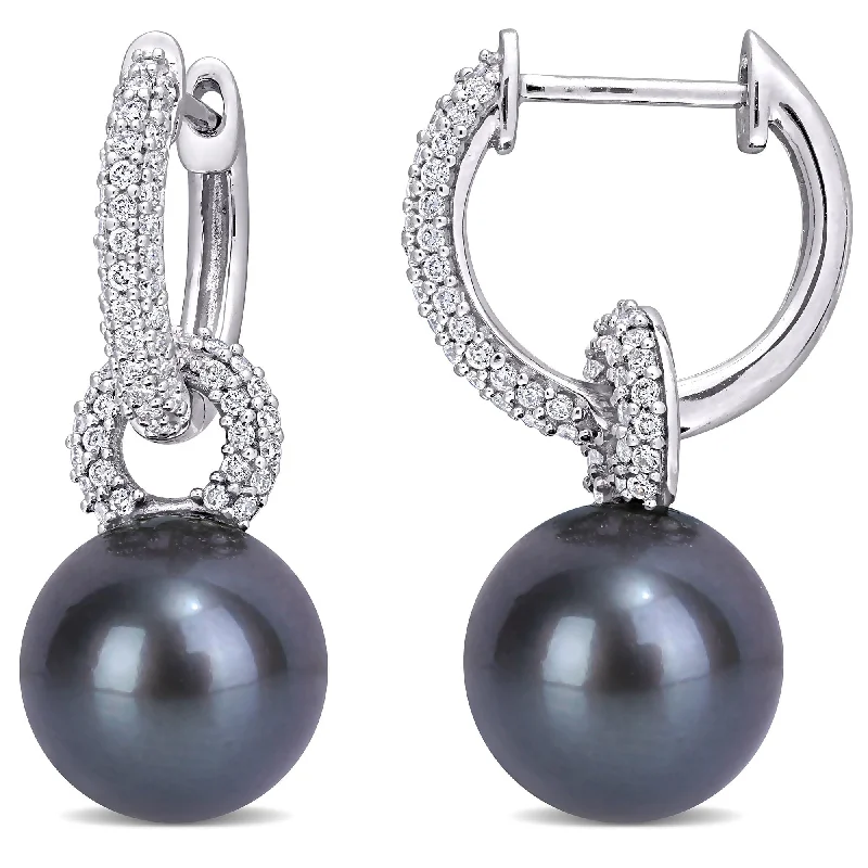 Miadora 9-9.5 mm Black Tahitian Pearl and 1/2 CT TW Diamond Hinged Hoop Link Earrings in 14k White Gold