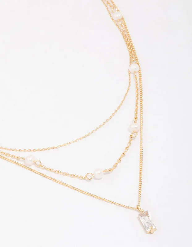 Gold Plated Brass Trio Pearl Baguette Layered Necklace