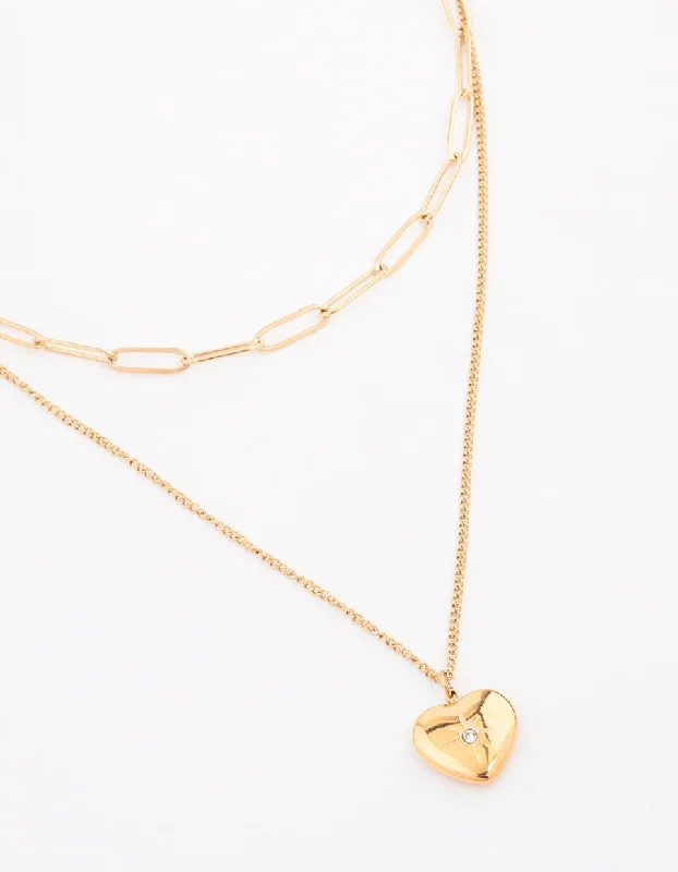 Waterproof Gold Plated Stainless Steel Heart Layered Pendant Necklace