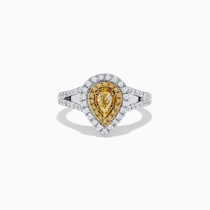 Canare 18K Two-Tone Gold Pear Shaped Double Halo Yellow Diamond Ring