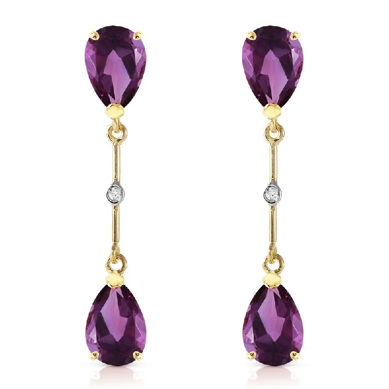 14K Solid Gold Diamonds & Amethysts Dangling Earrings