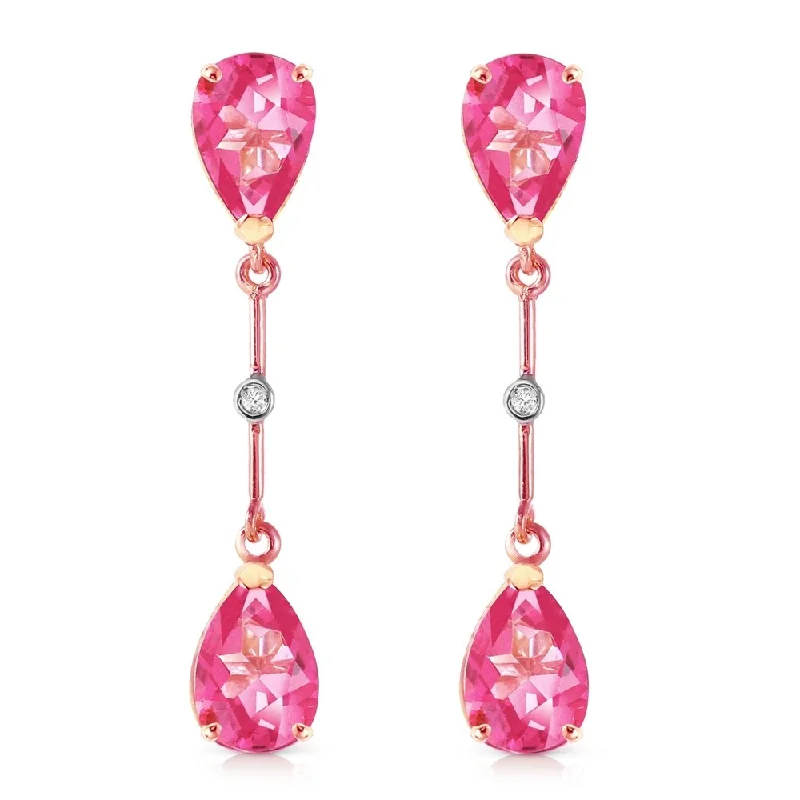 14K Solid Rose Gold Diamonds & Pink Topaz Dangling Earrings