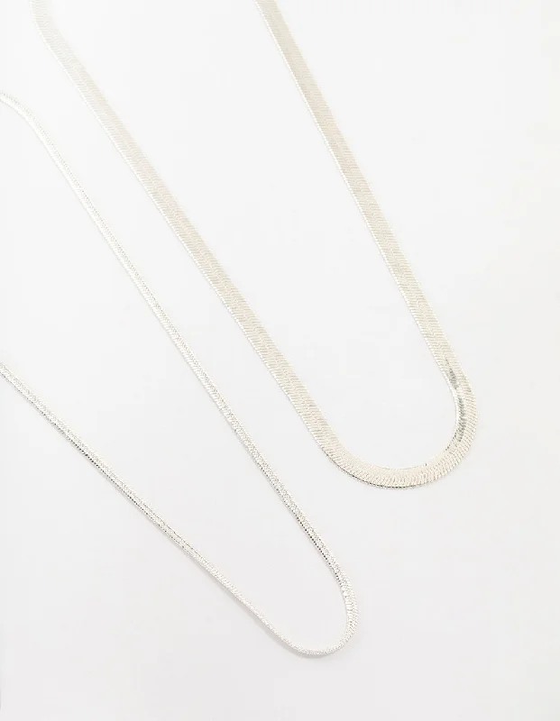 Silver Plated Herringbone Chain Necklaces 2-Pack