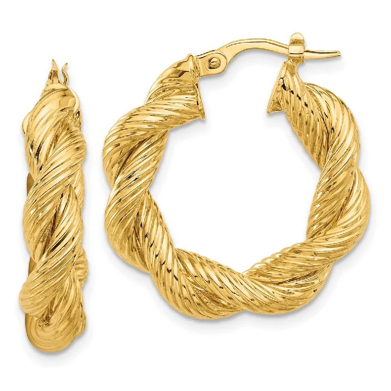 Curata 14k Yellow Gold Polished and Textured Twisted Hoop Earrings - 25.8x24.8mm