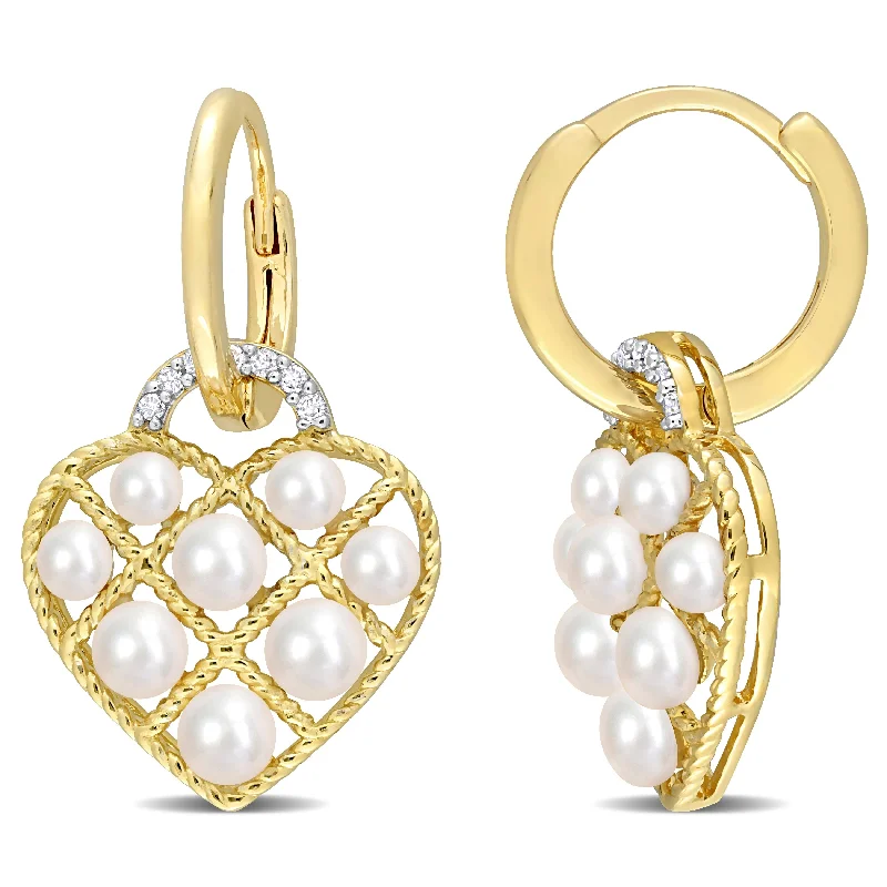 Miadora 2.5-3mm Cultured Freshwater Pearl and Diamond Accent Heart Hoop Earrings in Yellow Silver