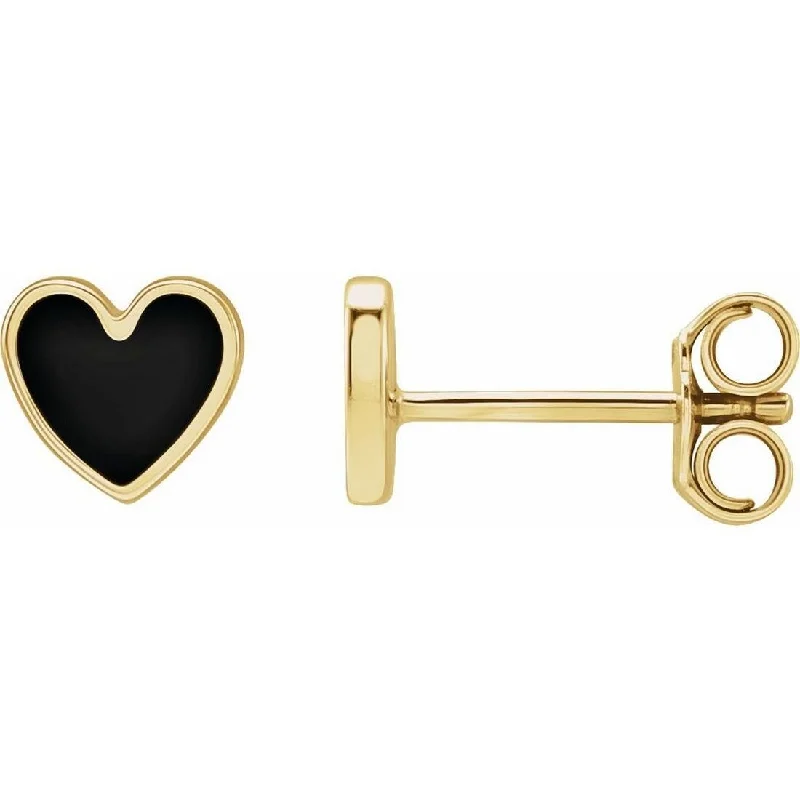 Curata 14k Yellow Gold Polished Black Enameled Friction Back Love Heart Stud Earrings - 5.88x5.48mm