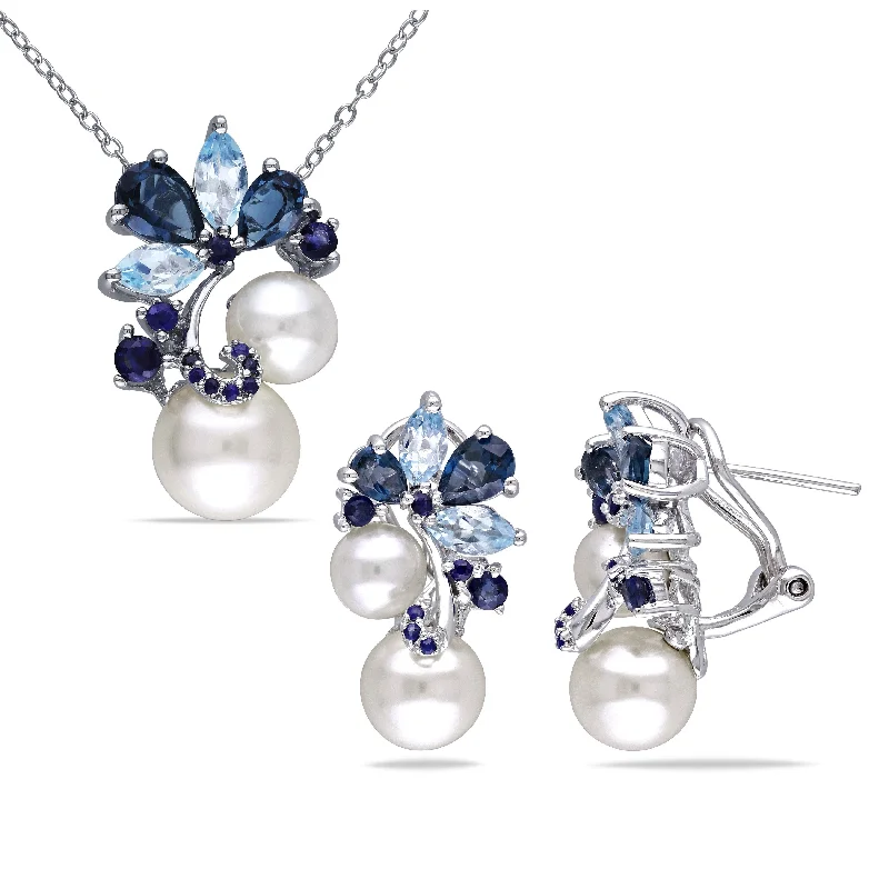 Miadora Sterling Silver Cultured Freshwater Pearl, Topaz and Sapphire Necklace and Earrings Set