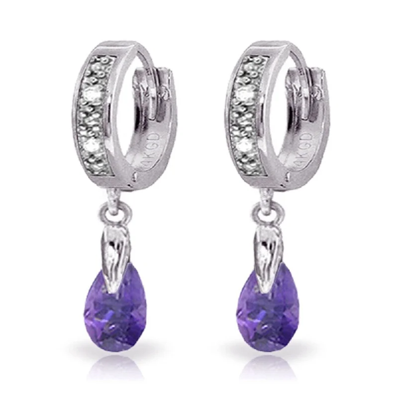 1.37 Carat 14K Solid White Gold Hoop Earrings Diamond Amethyst