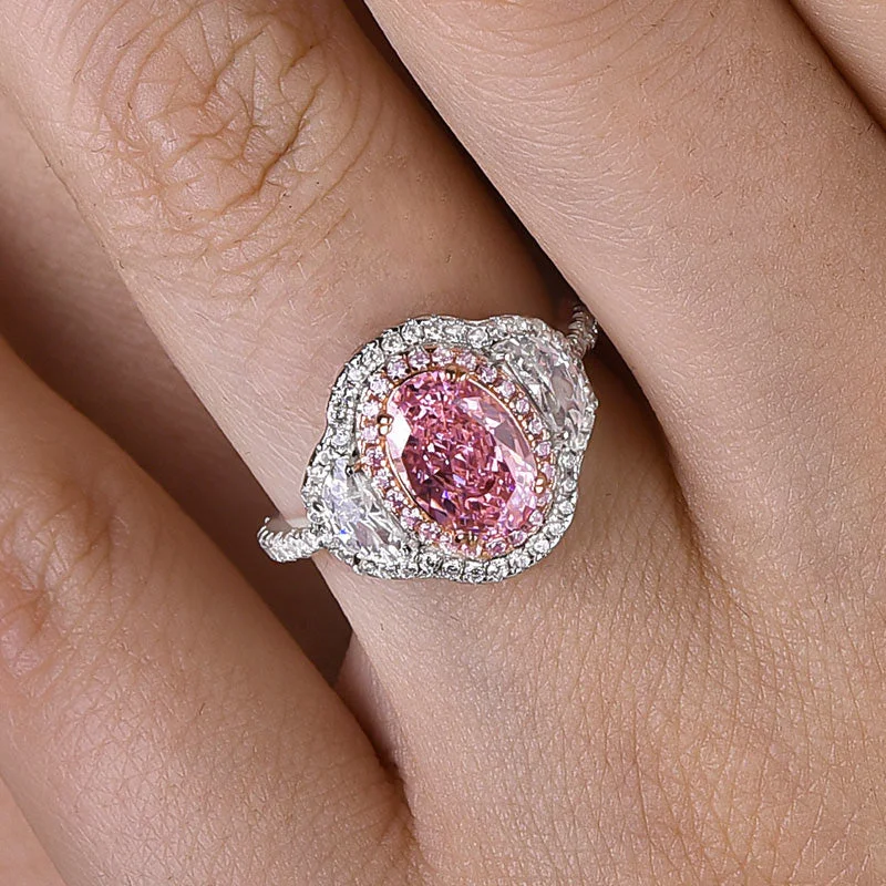 Stunning Double Halo Oval Cut Pink Sterling Silver Engagement Ring