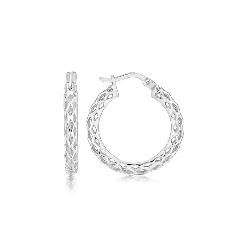 Sterling Silver Rhodium Plated Woven Motif Small Hoop Earrings