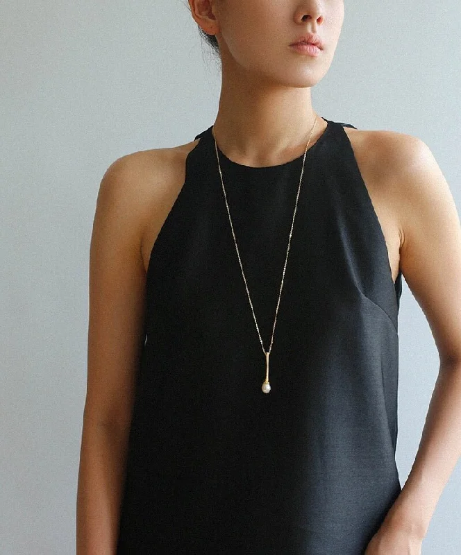 Long Minimalist Teardrop Pearl Pendant Necklace