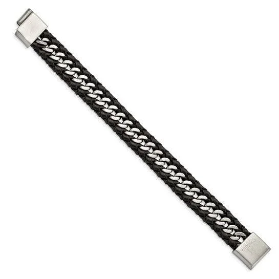 Black Leather & Stainless Bracelet for Men