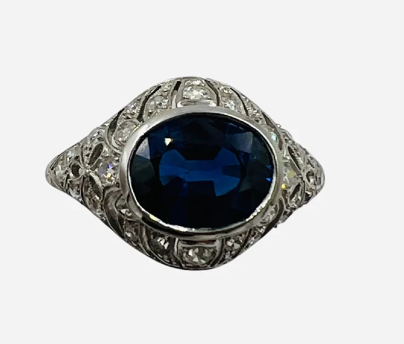 1930s Art Deco Sapphire Diamond Platinum Engagement Ring Size 8.5