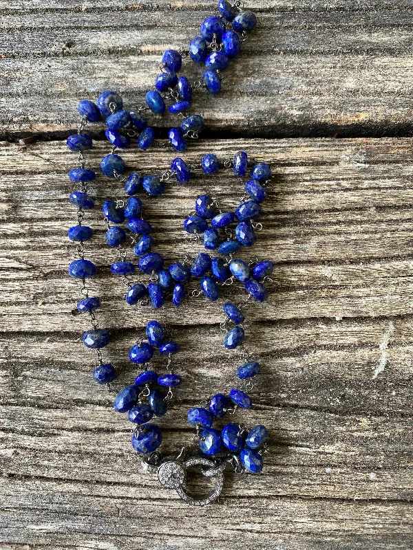 Lapis Beaded Necklace with Pave Diamond Clasp