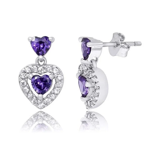 1.0 Carat Heart Shape Simulated Amethyst Earrings Sterling Silver