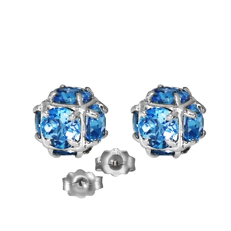 14K Solid White Gold Stud Earrings with Natural Blue Topaz