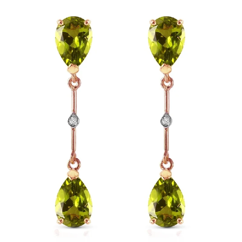 14K Solid Rose Gold Diamonds & Peridots Dangling Earrings