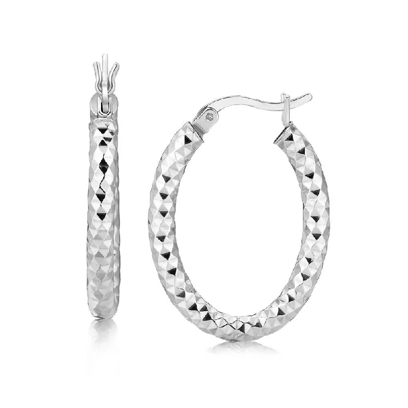 Sterling Silver Thick Hoop Diamond Cut Textured Earrings with Rhodium Plating