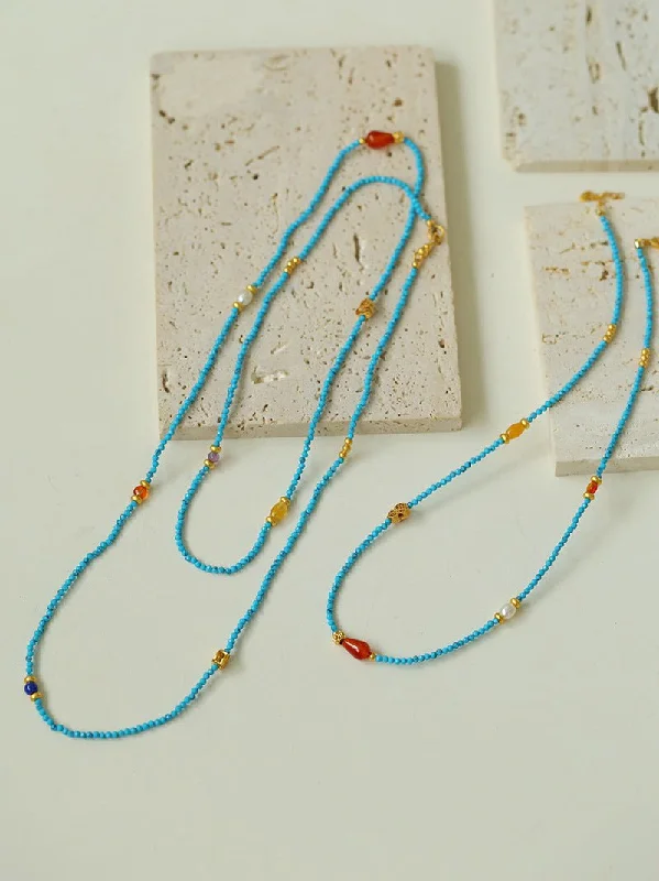 Blue Turquoise Red Onyx Multi-element Beaded Necklace