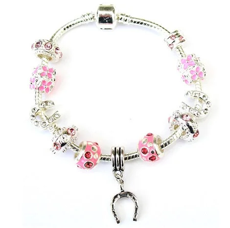 Adult's 'Pink Sparkle Good Luck Horseshoe' Silver Plated Charm Bracelet