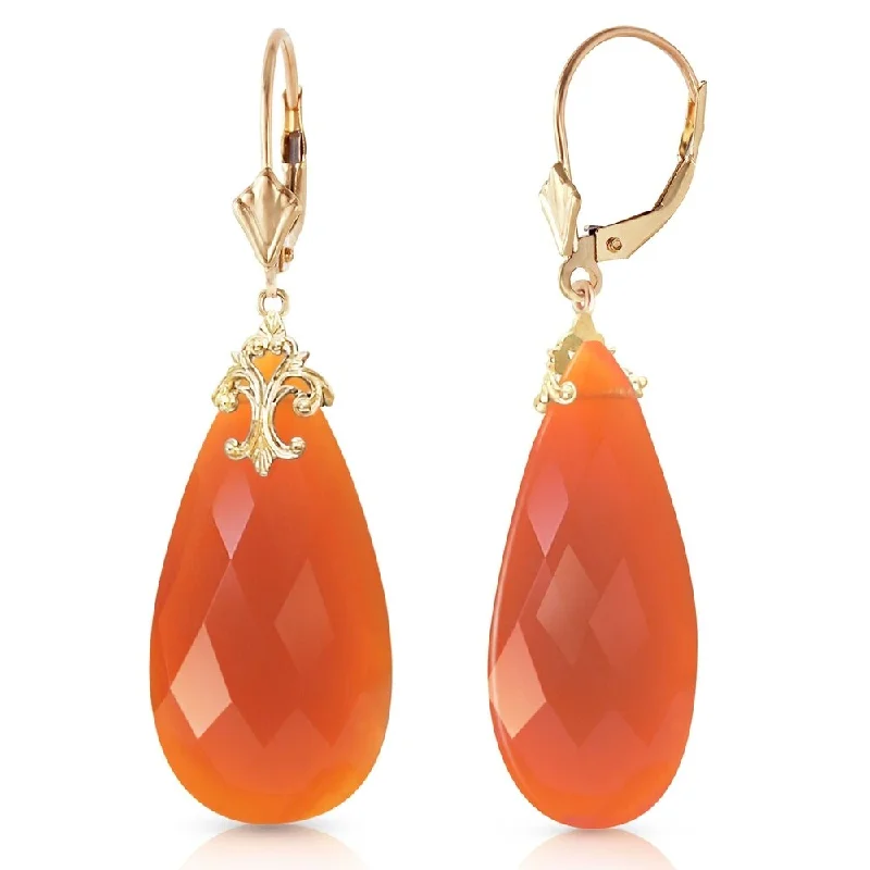 14K Solid Gold Leverback Earrings with Briolette 31x16 mm Reddish Orange Chalcedony