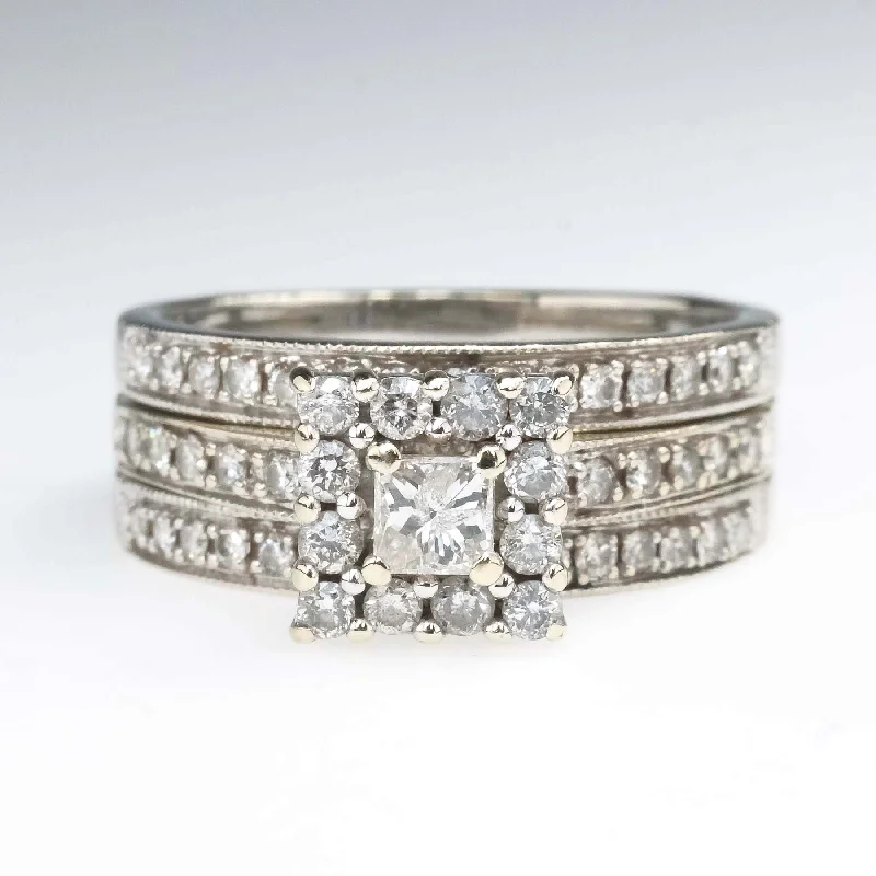 0.25ctw Princess Diamond Halo & Accented Bridal Ring Set in 14K White Gold