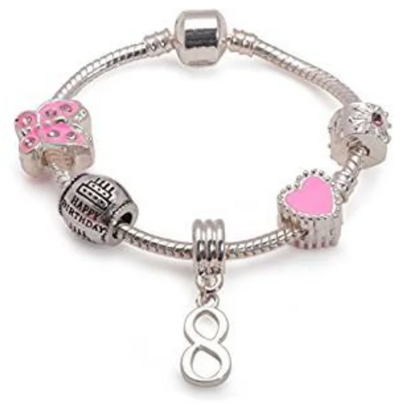 Children's Pink 'Happy 8th Birthday' Silver Plated Charm Bead Bracelet