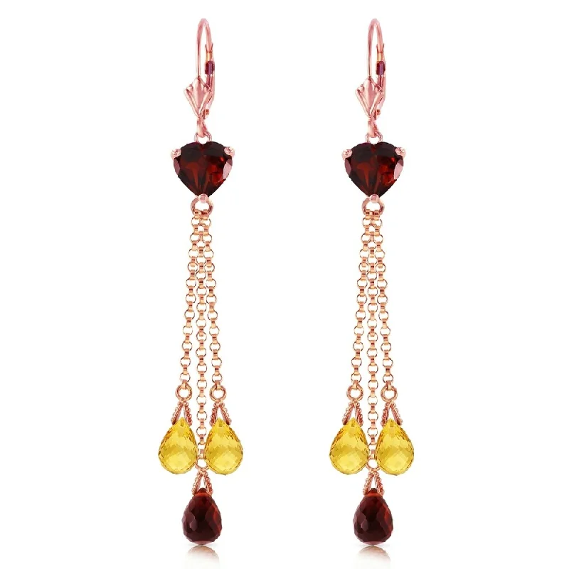 14K Solid Rose Gold Chandelier Earrings with Briolette Garnets & Citrines