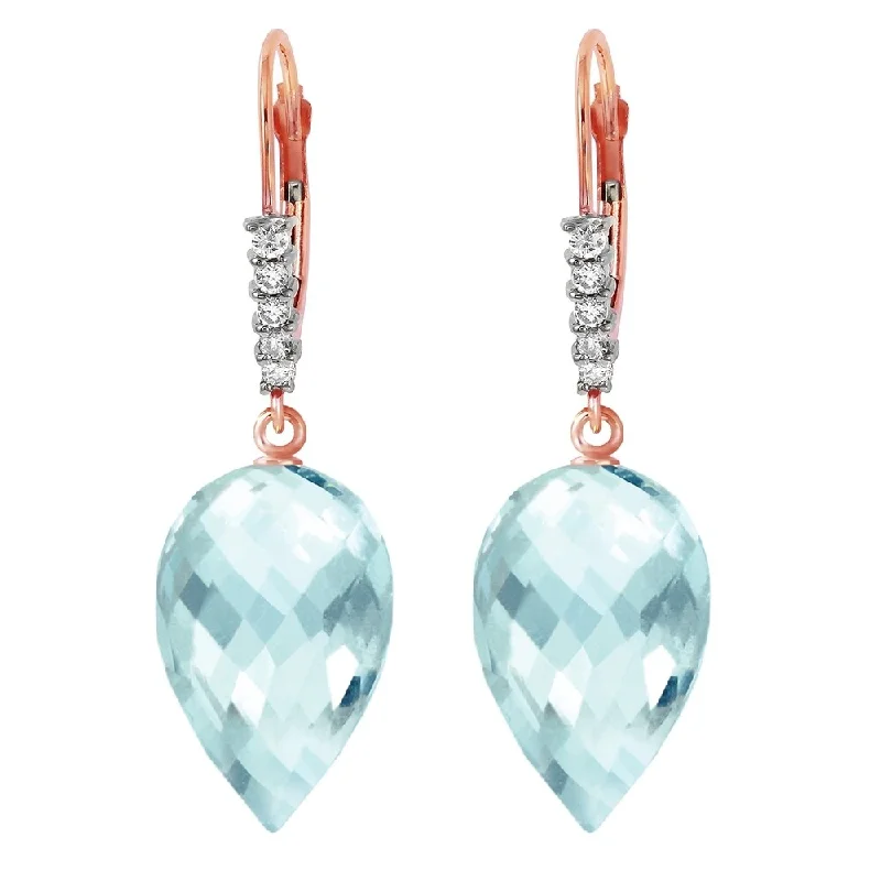 22.65 CTW 14K Solid Rose Gold Drop Briolette Blue Topaz Diamond Earrings