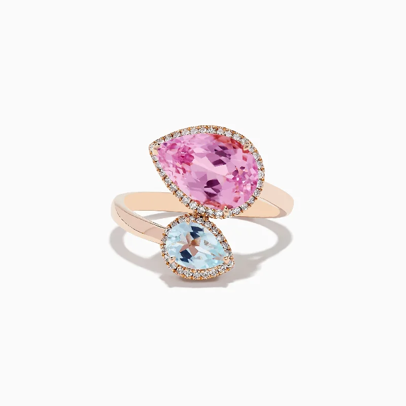 14K Rose Gold Kunzite and Aquamarine Diamond Toi et Moi Ring