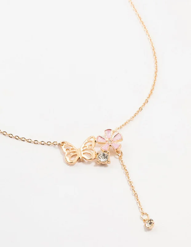 Gold Butterfly Flower Diamante Drop Necklace