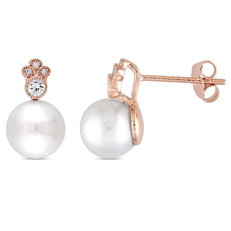 Miadora 10k Rose Gold Freshwater Cultured Pearl, White Sapphire & Diamond Accent Drop Earrings (8-8.5 mm)